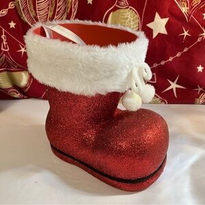 Christmas Red Glitter Faux Fur Santa Boot Pompoms Vase